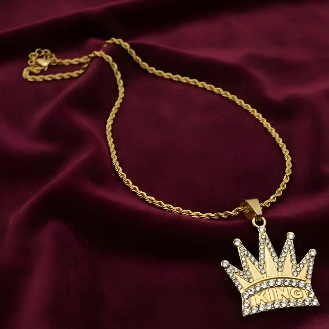 18K Gold Filled Iced Out "KING" Crown Pendant Necklace – Rope Chain Hip Hop Jewelry for Men